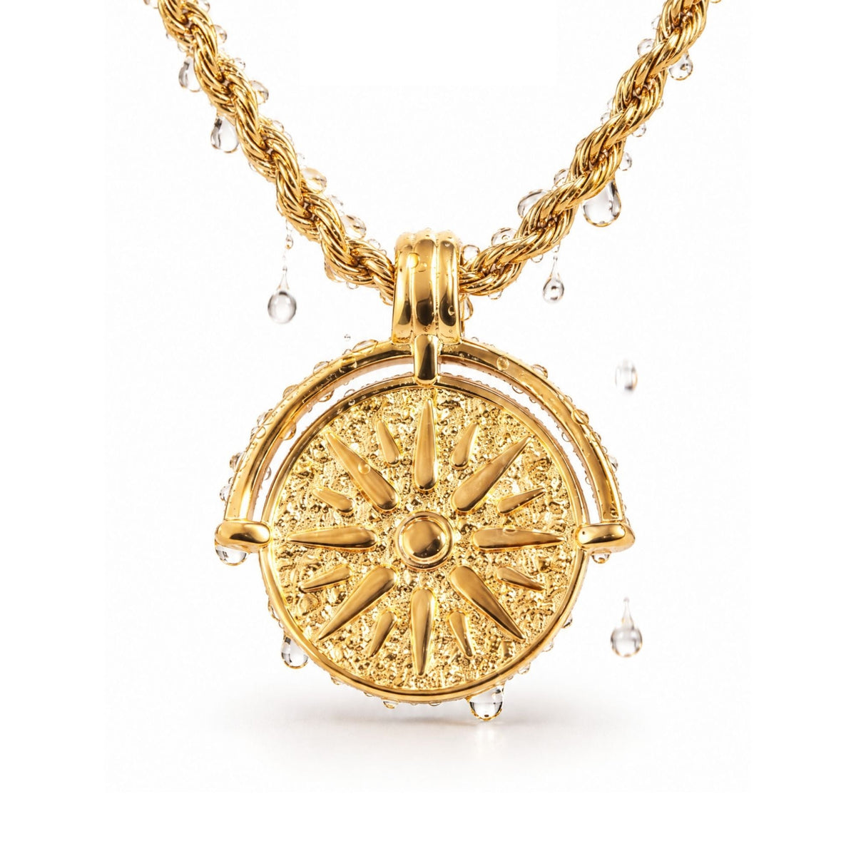 Women's Sun Pendant Necklace with Round Medallion and Ray Motif