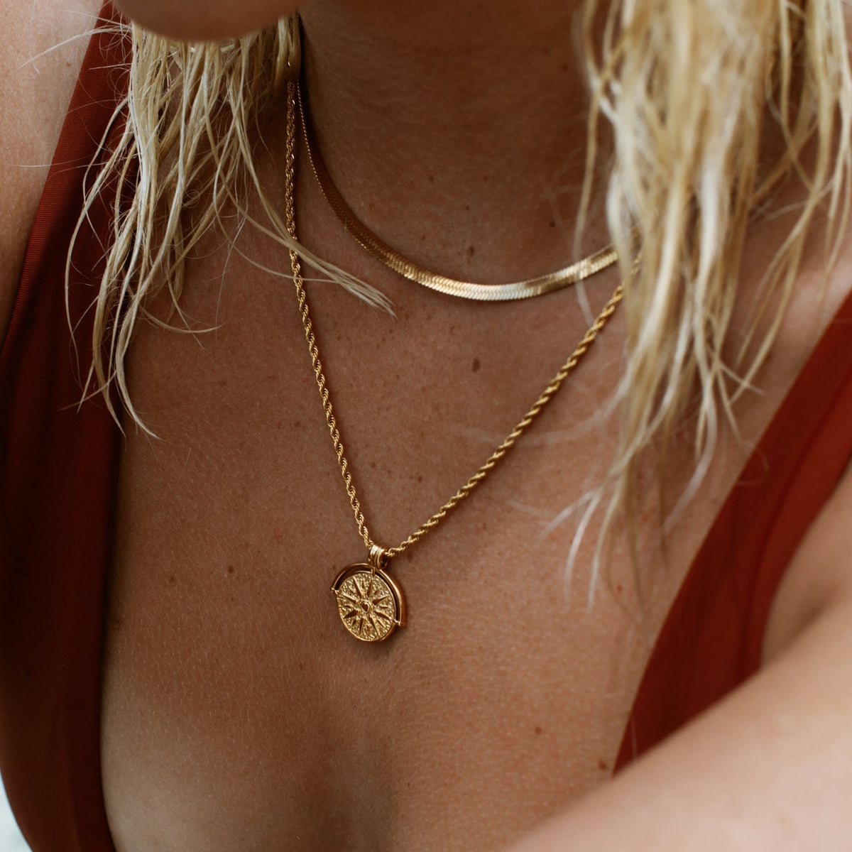 Women's Sun Pendant Necklace with Round Medallion and Ray Motif
