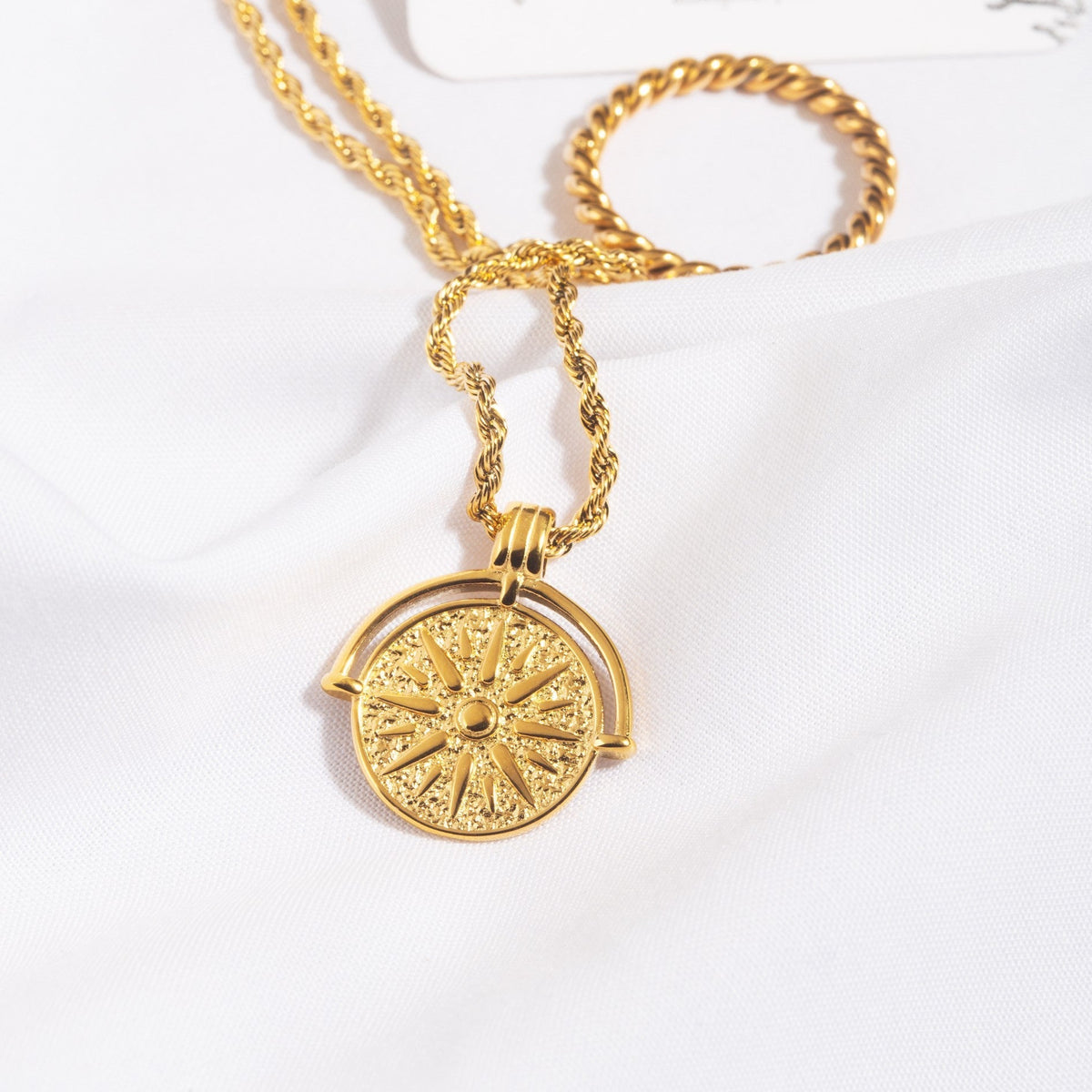 Women's Sun Pendant Necklace with Round Medallion and Ray Motif