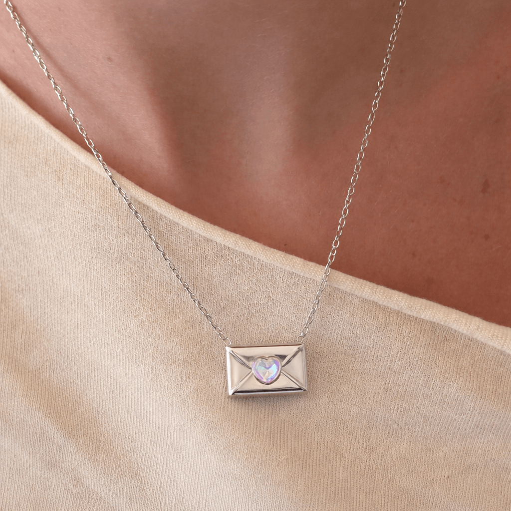 Women's Pendant Necklace with Envelope Motif and Heart-Shaped Stone Accent