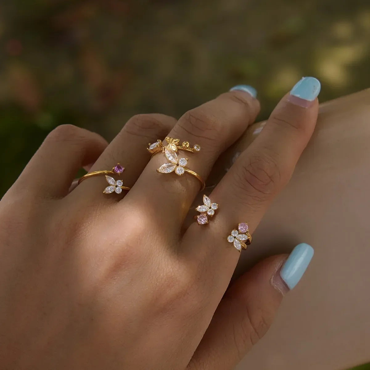 Women's Open Ring with Butterfly and Flower Motif