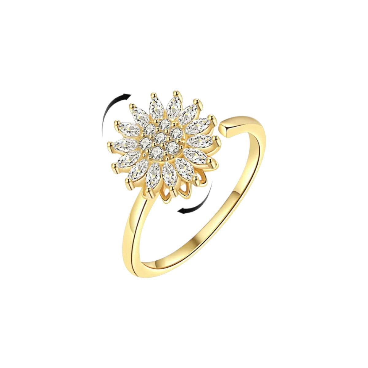 Women’s Adjustable Ring with Rotatable Flower Motif and Stone Embellishment
