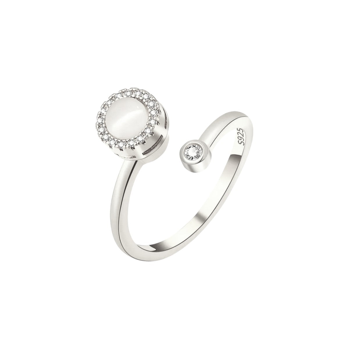 Women’s Adjustable Open Ring with Round Center Piece and Stone Set Frame