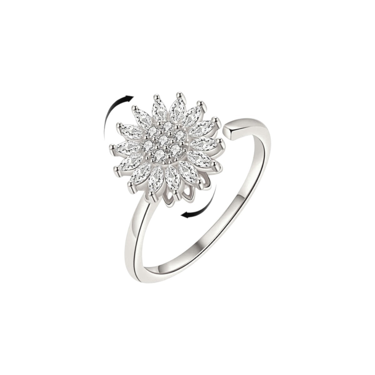 Women’s Adjustable Ring with Rotatable Flower Motif and Stone Embellishment