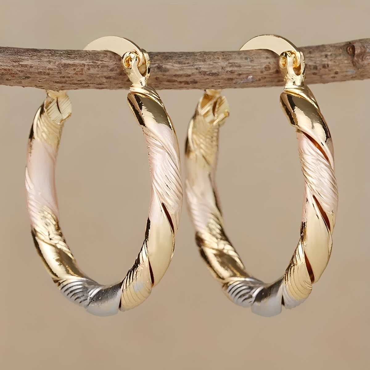 Women's Hoop Earrings with Triple Contrast Design and Spiral Wrapped Structure