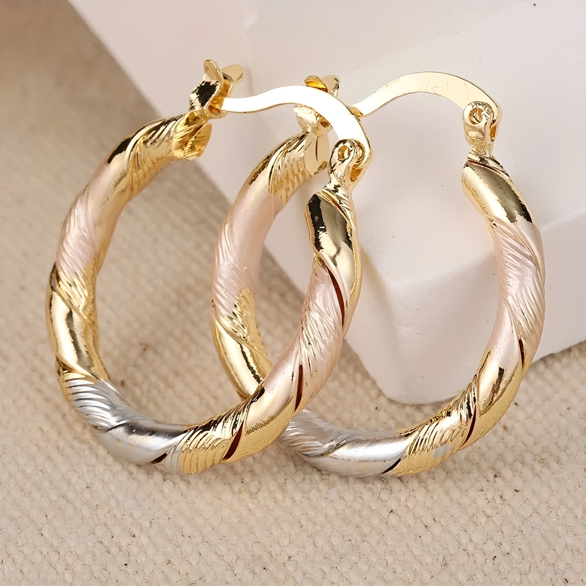 Women's Hoop Earrings with Triple Contrast Design and Spiral Wrapped Structure