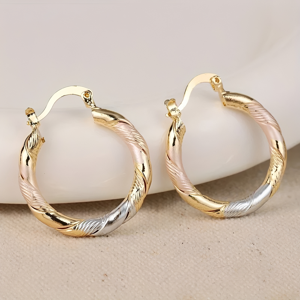 Women's Hoop Earrings with Triple Contrast Design and Spiral Wrapped Structure