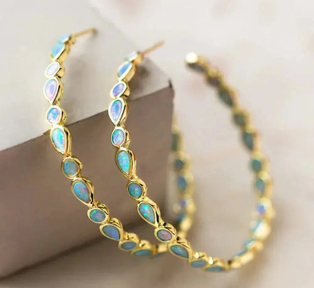 Luminous Sophistication - Blue Opal Golden Drop Earrings