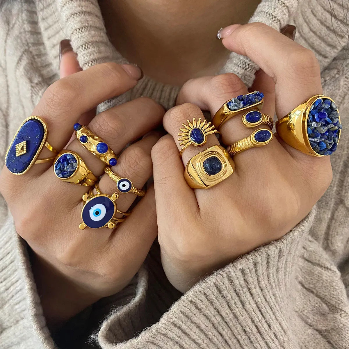 Women's Statement Ring with Lapis Lazuli and Evil Eye Motif
