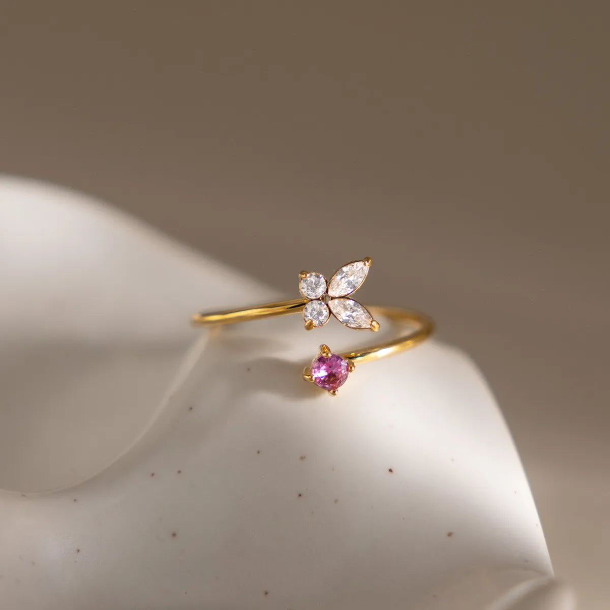 Women's Open Ring with Butterfly and Flower Motif