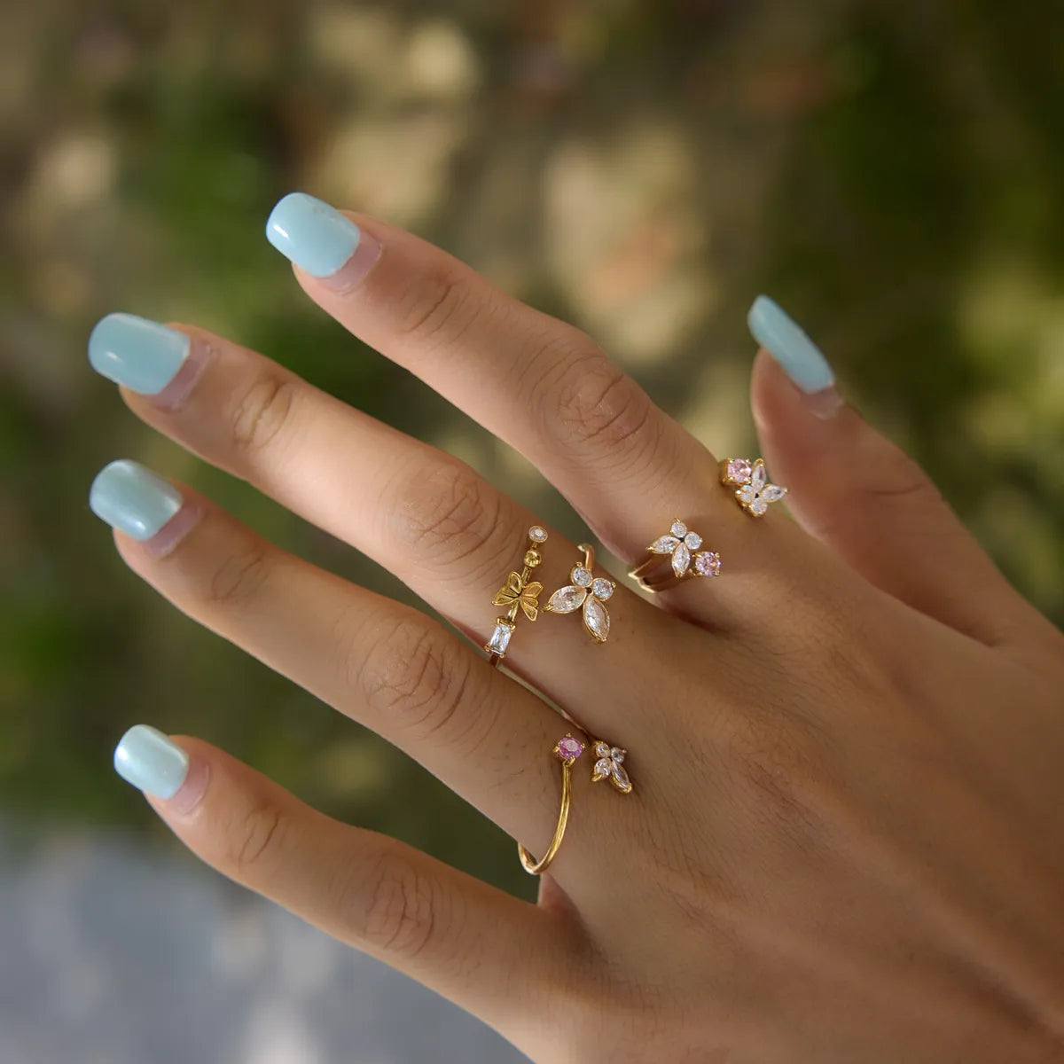 Women's Open Ring with Butterfly and Flower Motif