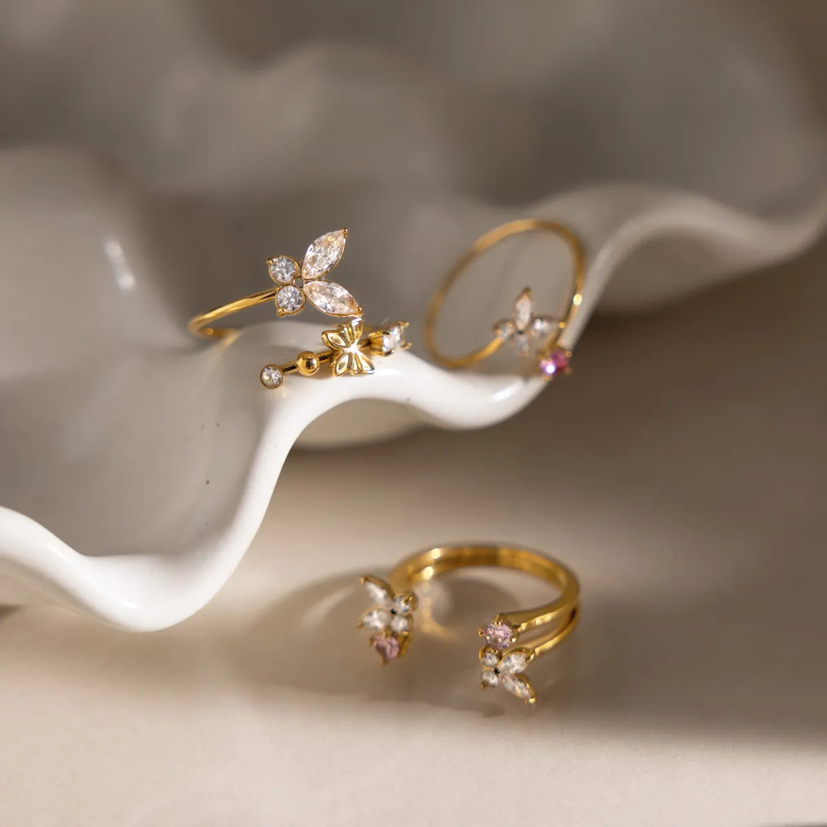 Women's Open Ring with Butterfly and Flower Motif
