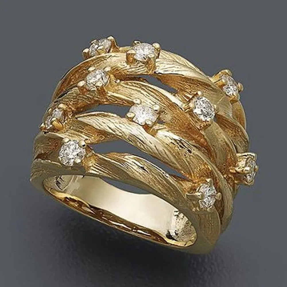 Women's Statement Ring with Layered Leaf Design and Stone Accents