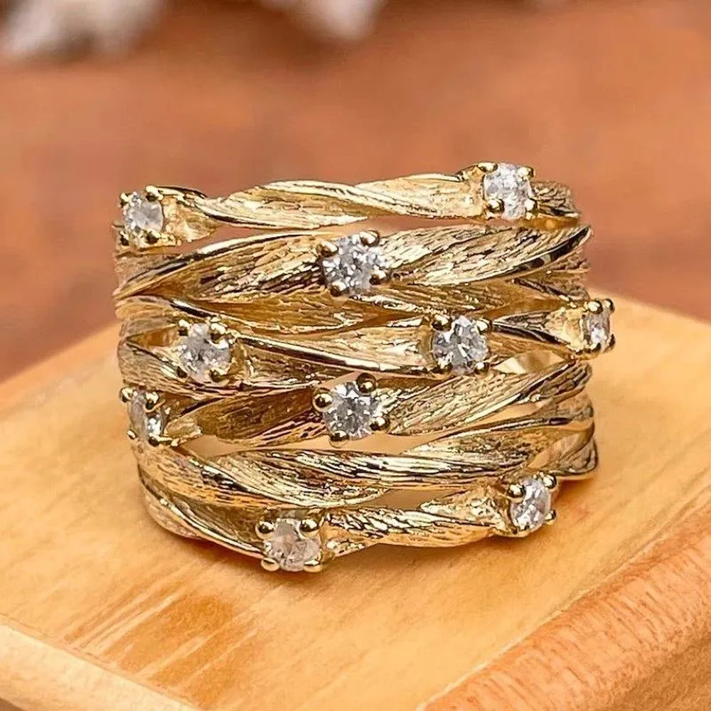 Women's Statement Ring with Layered Leaf Design and Stone Accents